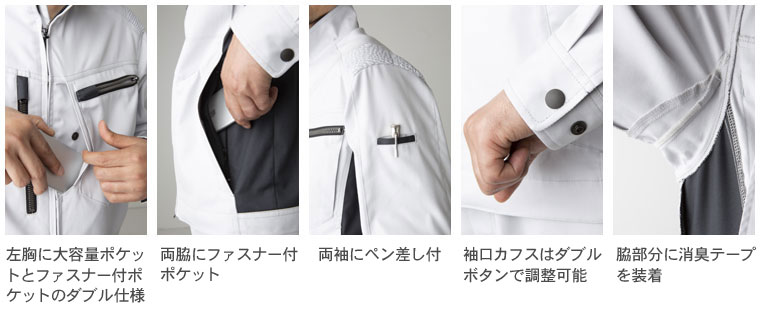 【1】左胸に大容量ポケットとファスナー付ポケットのダブル仕様、【2】両脇にファスナー付ポケット、【3】両袖にペン差し付、【4】袖口カフスはダブルボタンで調整可能、【5】脇部分に消臭テープを装着