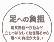 足への負担延長勤務や夜勤など、立ちっぱなしで動き回るから足への負担が大きい