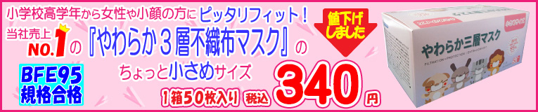 小学校高学年くらいから女性、小顔の方にピッタリフィット！使い捨て3層不織布マスクちょっと小さめサイズ！