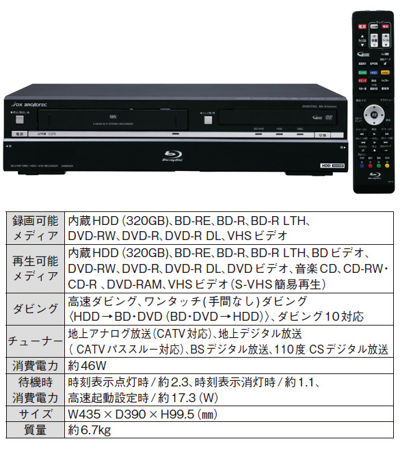 DXブロードテック］ HDD・VHS搭載BDレコーダー DXBW320 / 電話注文が 