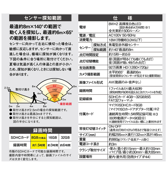 ムサシ 防犯カメラ 「RITEX（ライテックス） LEDセンサーライト防犯カメラ 8W×2灯」 C-AC8160 電話注文ができる通販ジャンブレ