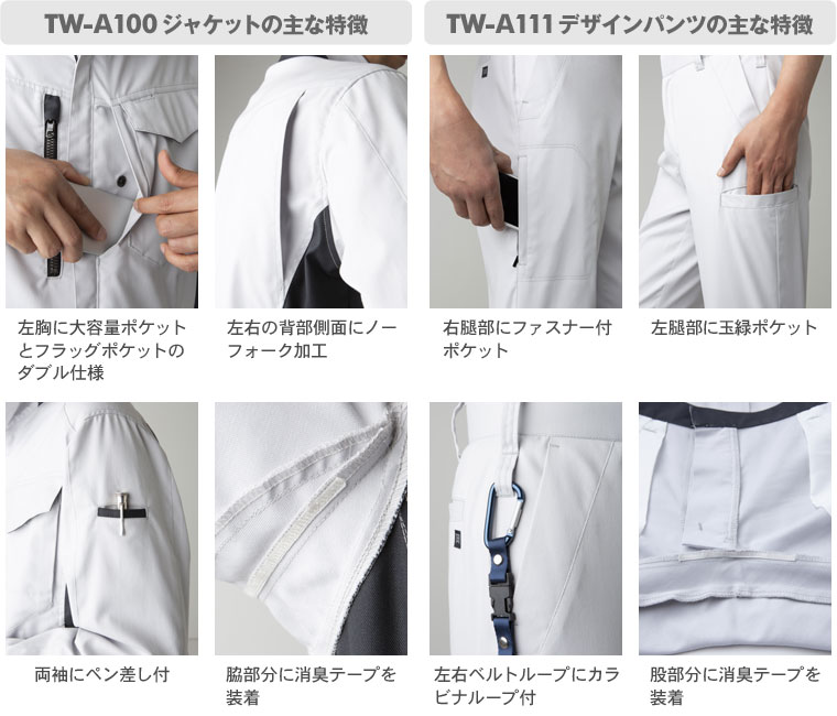 《TW-A100 ジャケットの主な特徴》【1】左胸に大容量ポケットとフラッグポケットのダブル仕様、【2】左右の背部側面にノーフォーク加工、【3】両袖にペン差し付、【4】脇部分に消臭テープを装着《TW-A111 デザインパンツの主な特徴》【1】右腿部にファスナー付ポケット、【2】左腿部に玉緑ポケット、【3】左右ベルトループにカラビナループ付、【4】股部分に消臭テープを装着