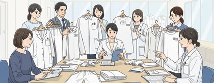 工場白衣の選定を、現物サンプルやメーカーカタログを見ながら複数の社員で行っている様子