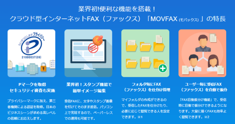 クラウド型インターネットFAXサービスとしてセキュリティ（プライバシーマーク取得）をはじめ、スタンプ機能、フォルダ仕分け管理、宛先ユーザー別自動仕分け管理など便利な機能を多数搭載しております。