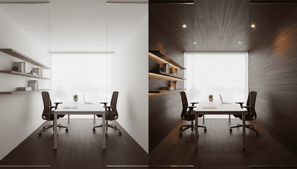 明るい色のオフィスと暗い色のオフィスの比較