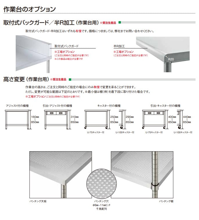 ステンレス作業台のカスタマイズオプション例