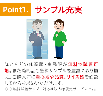 特徴1.サンプルが充実。試着無料、消耗品の無料サンプルも豊富。購入前に品質確認出来て安心です。