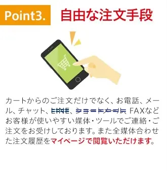 特徴3.自由な注文方法。カートに限らずお電話、チャットなど使いやすい手段でご注文可能です。また全ての合計購入履歴をマイページで確認できます。