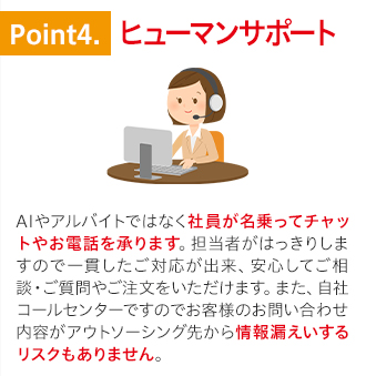 特徴4.社員によるヒューマンサポート。AIや外部コールセンターでなくすべて当社の社員が接客します。対応が一貫し、情報漏洩の心配もありません。